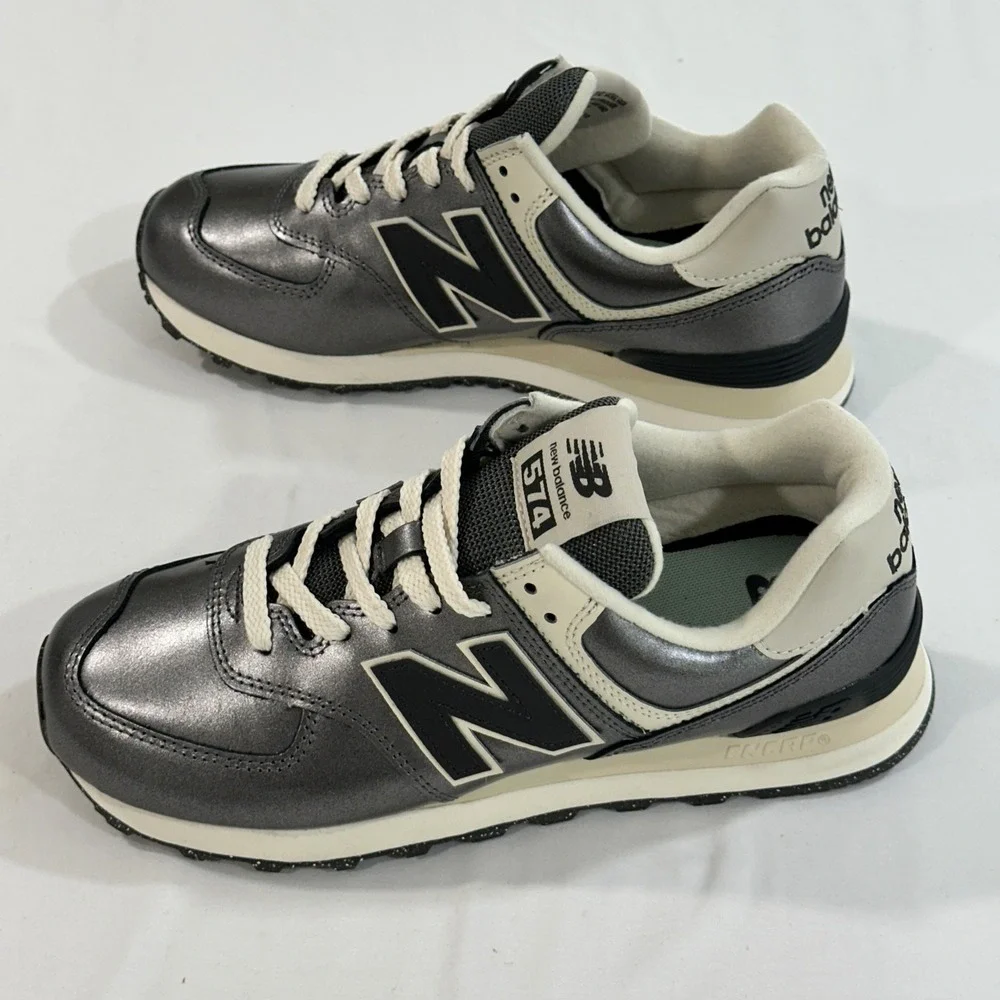 New Balance 574 Metallic Gunmetal Leather Mesh Sneakers Womens Shoes Grey Silver